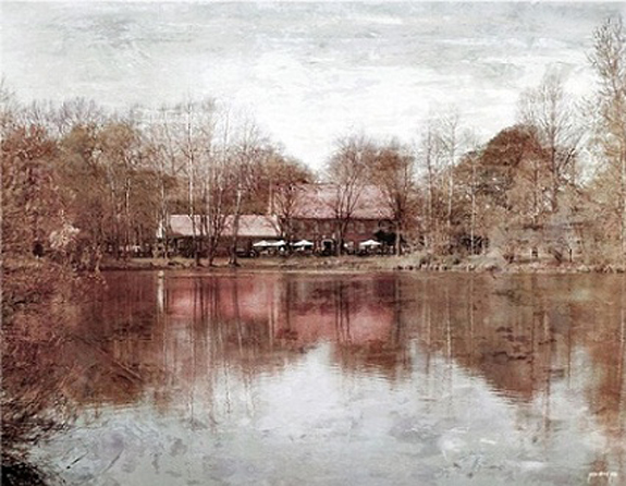 Altes Bild mit See/Teich und Häusern im Hintergrund