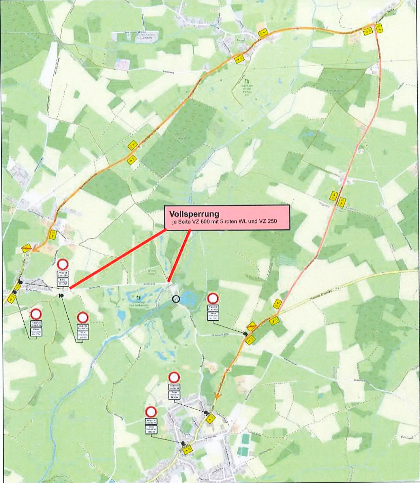 Karte mit Vollsperrung und markierten Umleitungswegen